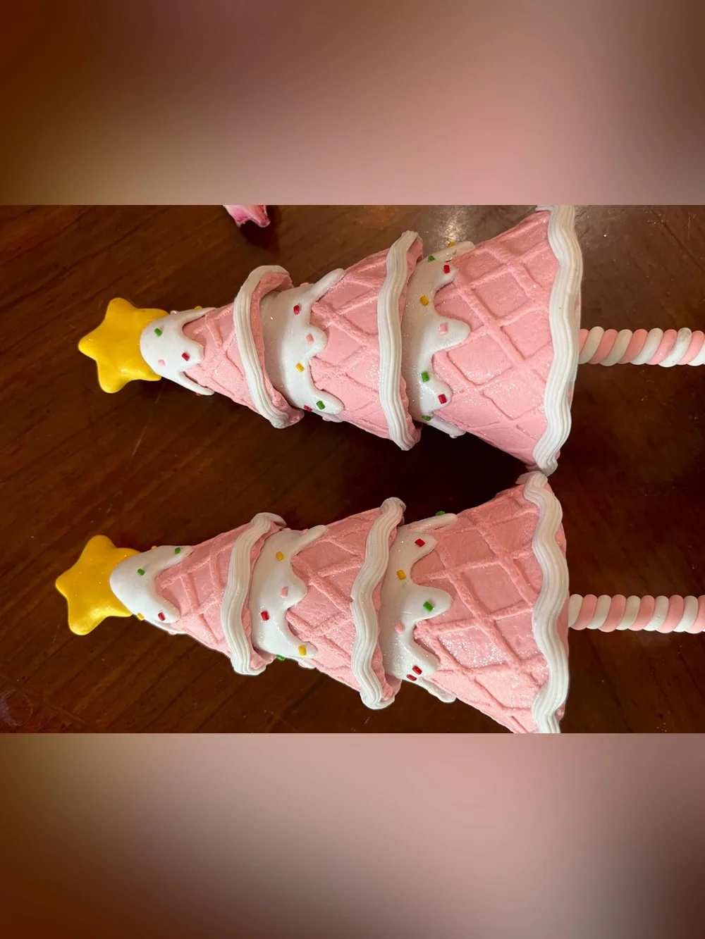 Set of 2 Pink Waffle Cone Christmas Tree Figurines 10